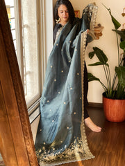 Teal Tissue Chanderi dupatta with Heavy Embroidered Pallu