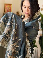 Teal Tissue Chanderi dupatta with Heavy Embroidered Pallu