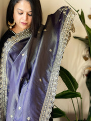 Navy Blue Tissue Chanderi dupatta with Heavy Embroidered Pallu