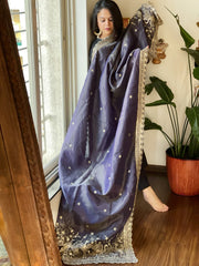 Navy Blue Tissue Chanderi dupatta with Heavy Embroidered Pallu