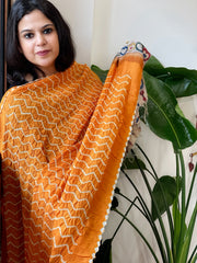 Orange Rai Bandhej Dupatta with Handpainted Kalamkari Pallu in Pure Muga Silk