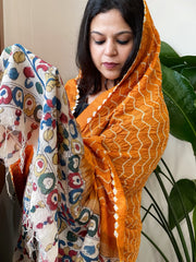 Orange Rai Bandhej Dupatta with Handpainted Kalamkari Pallu in Pure Muga Silk