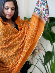 Orange Rai Bandhej Dupatta with Handpainted Kalamkari Pallu in Pure Muga Silk