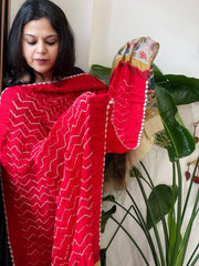 Red Rai Bandhej Dupatta with Handpainted Kalamkari Pallu in Pure Muga Silk