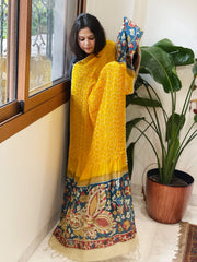 Yellow Rai Bandhej Dupatta with Handpainted Kalamkari Pallu in Pure Muga Silk