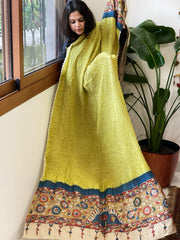 Lime Green Rai Bandhej Dupatta with Handpainted Kalamkari Pallu in Pure Muga Silk