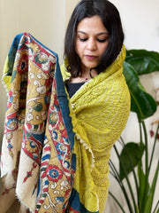 Lime Green Rai Bandhej Dupatta with Handpainted Kalamkari Pallu in Pure Muga Silk