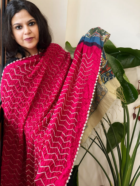 Pinkish Red Rai Bandhej Dupatta with Handpainted Kalamkari Pallu in Pure Muga Silk