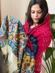 Pinkish Red Rai Bandhej Dupatta with Handpainted Kalamkari Pallu in Pure Muga Silk