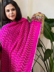 Hot Pink Rai Bandhej Dupatta with Handpainted Kalamkari Pallu in Pure Muga Silk
