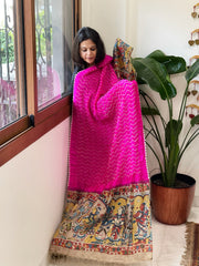 Hot Pink Rai Bandhej Dupatta with Handpainted Kalamkari Pallu in Pure Muga Silk