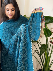 Dark Firozi Rai Bandhej Dupatta with Handpainted Kalamkari Pallu in Pure Muga Silk