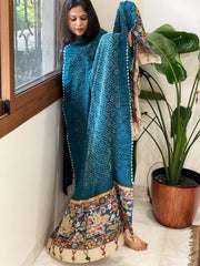 Dark Firozi Rai Bandhej Dupatta with Handpainted Kalamkari Pallu in Pure Muga Silk