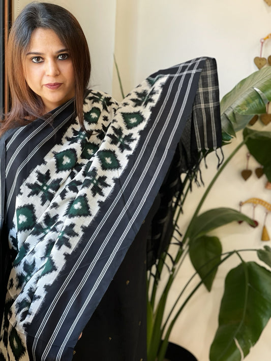 Ivory, Green Double Ikat Telia Rumal Dupatta in Cotton