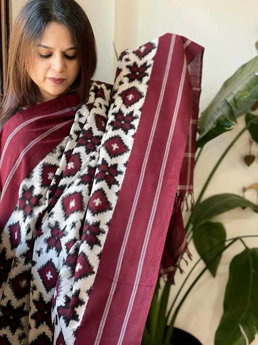 Ivory, Maroon Double Ikat Telia Rumal Dupatta in Cotton