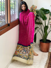 Hot Pink Rai Bandhej Dupatta with Handpainted Kalamkari Pallu in Pure Muga Silk