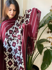 Ivory, Maroon Double Ikat Telia Rumal Dupatta in Cotton