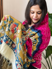 Hot Pink Rai Bandhej Dupatta with Handpainted Kalamkari Pallu in Pure Muga Silk