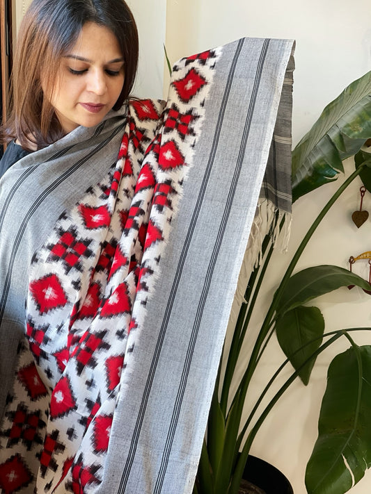 White, Red, Grey Double Ikat Telia Rumal Dupatta in Cotton