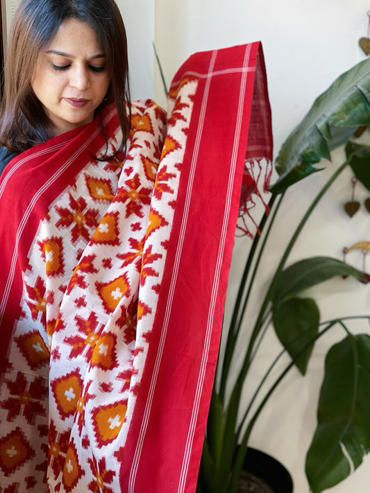Ivory, Red, Orange Double Ikat Telia Rumal Dupatta in Cotton