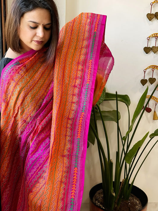 Orange, Pink Handmade Kantha Dupatta in Silk