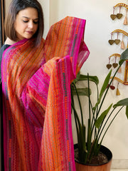 Orange, Pink Handmade Kantha Dupatta in Silk