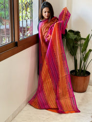 Orange, Pink Handmade Kantha Dupatta in Silk