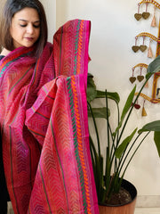 Orange, Pink Handmade Kantha Dupatta in Silk