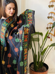 Black Handmade Kantha Dupatta in Silk