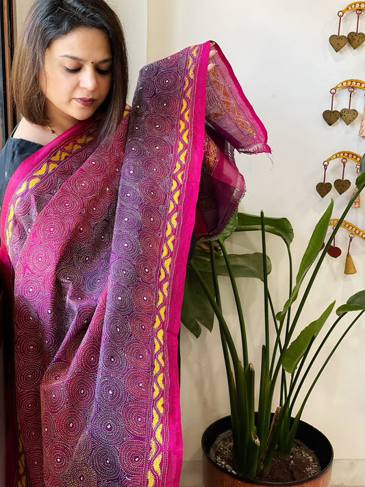 Purple, Pink Handmade Kantha Dupatta in Silk