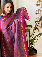 Purple, Pink Handmade Kantha Dupatta in Silk
