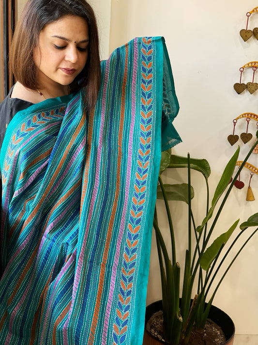 Turquoise Handmade Kantha Dupatta in Silk