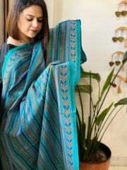 Turquoise Handmade Kantha Dupatta in Silk