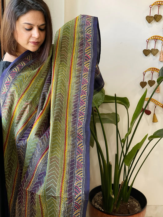 Blue, Green Handmade Kantha Dupatta in Silk