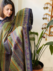 Blue, Green Handmade Kantha Dupatta in Silk