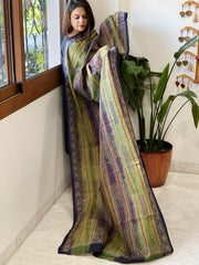 Blue, Green Handmade Kantha Dupatta in Silk