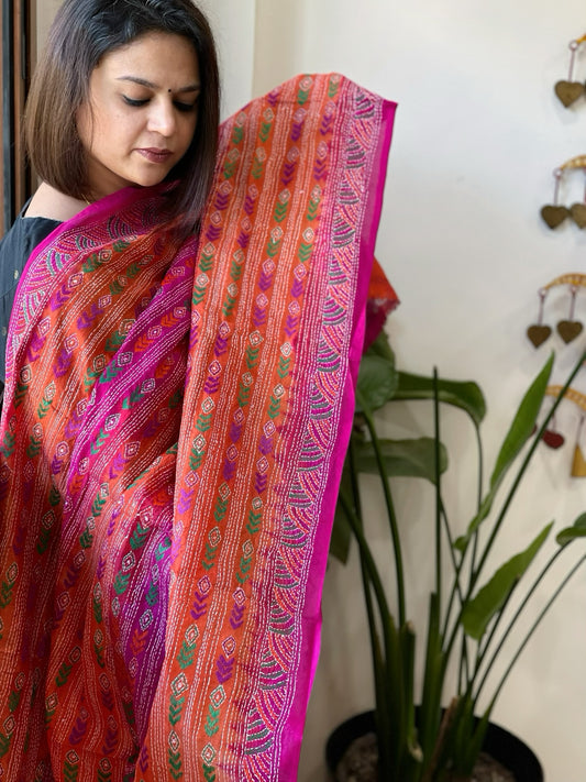 Pink, Orange Handmade Kantha Dupatta in Silk