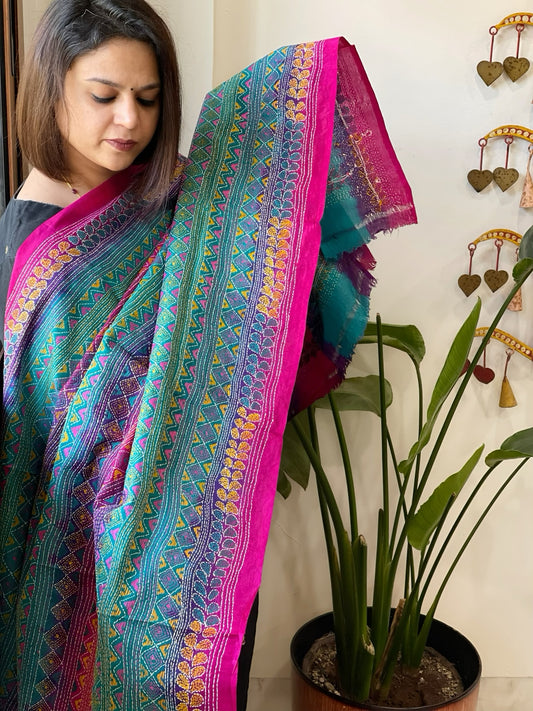 Pink, Blue Handmade Kantha Dupatta in Silk