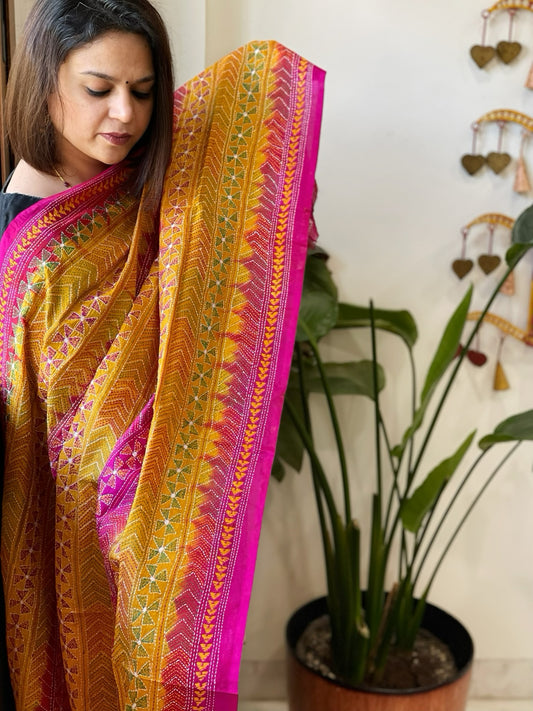 Mustard, Pink Handmade Kantha Dupatta in Silk