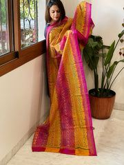 Mustard, Pink Handmade Kantha Dupatta in Silk