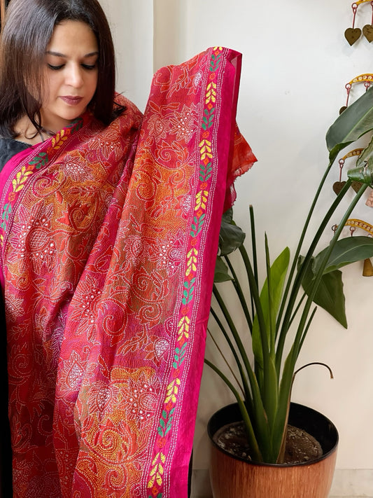 Orange, Pink Handmade Reverse Kantha Dupatta in Silk