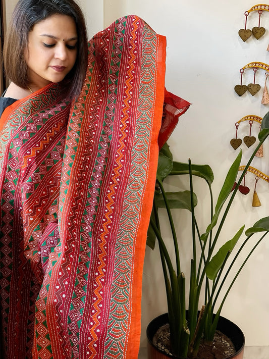 Orange, Maroon Handmade Kantha Dupatta in Silk