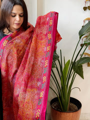 Orange, Pink Handmade Reverse Kantha Dupatta in Silk