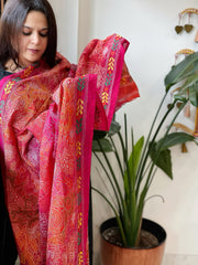 Orange, Pink Handmade Reverse Kantha Dupatta in Silk