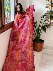 Orange, Pink Handmade Reverse Kantha Dupatta in Silk