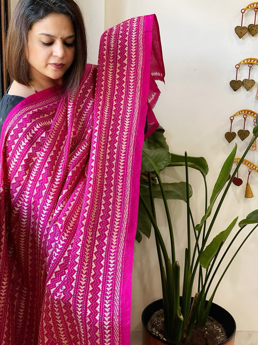 Pink Handmade Kantha Dupatta in Silk