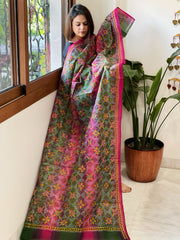 Green, Pink Handmade Kantha Dupatta in Silk