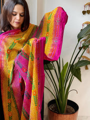 Yellow, Pink Handmade Kantha Dupatta in Silk
