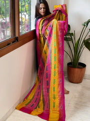 Yellow, Pink Handmade Kantha Dupatta in Silk