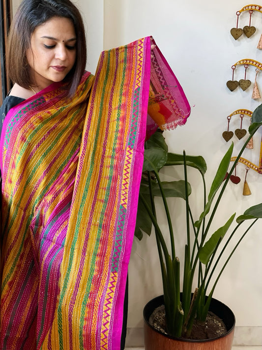 Mustard, Pink Handmade Kantha Dupatta in Silk